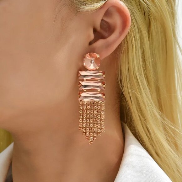 3/$35 Romantic Retro Pink Lady Romantic Geometric Rhinestone Glass Earrings - Picture 3 of 6